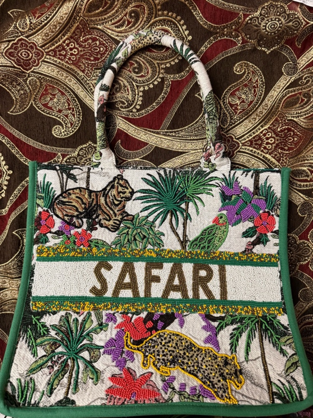 America & Betond Safari Embroidered Tote Bag in Green and Multicolor